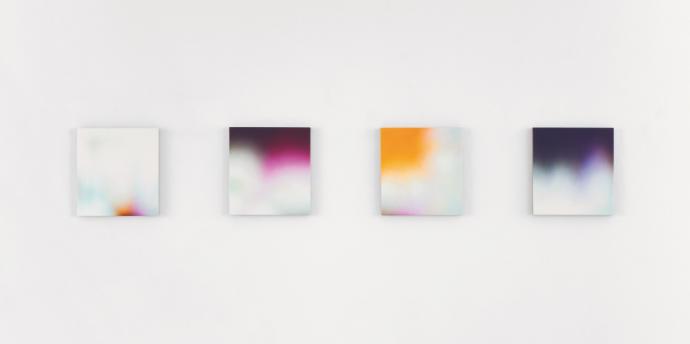 Paola Neumann, noch VIII / noch IV / noch VI / noch I, 2012, Öl und Acryl auf Leinwand, je 38 x 41 cm, Ausstellungsansicht