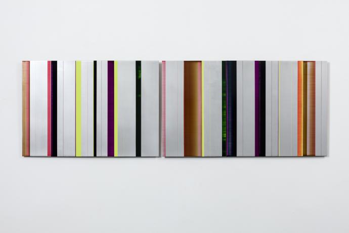 Eric Butcher, PR 690, 2015, Öl und Harz auf Aluminium, zweiteilig, 40 x 126.5 cm