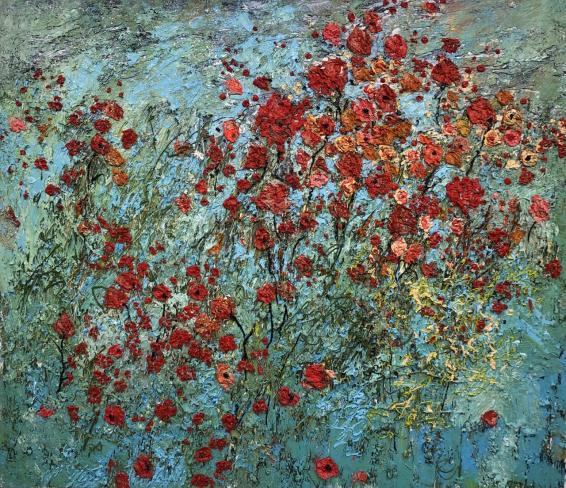 Helmut Helmes, Flying Flowers II, 2022, Öl auf Leinwand, 130 x 150 cm